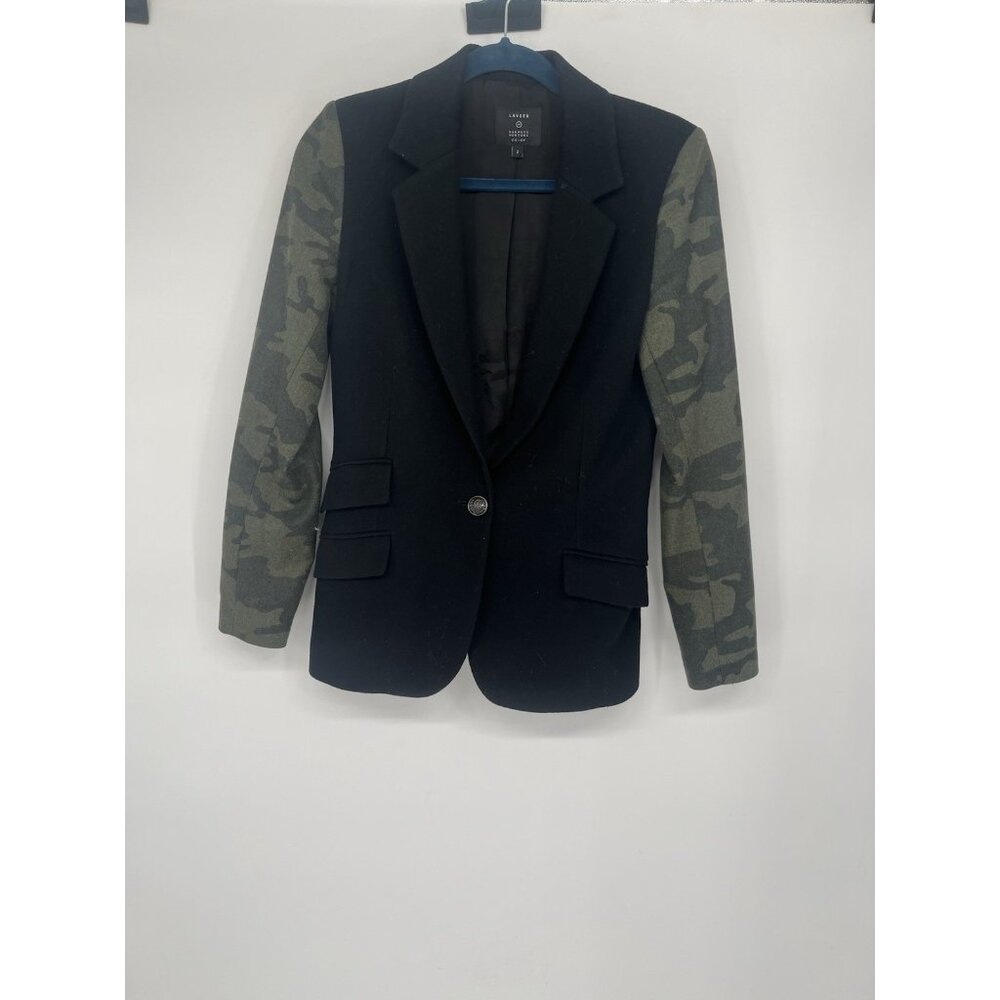 LAVEER  for Barney New york Black Blazer Camo Contrast sleeves Size 2 Women wool